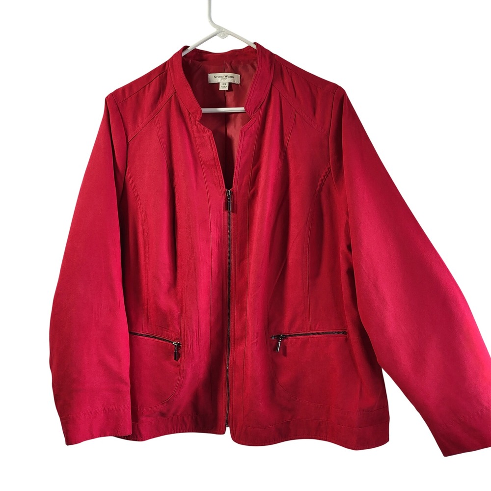 Studio Works Woman Red Zipper‎ Front Collarless Jacket Size 18W